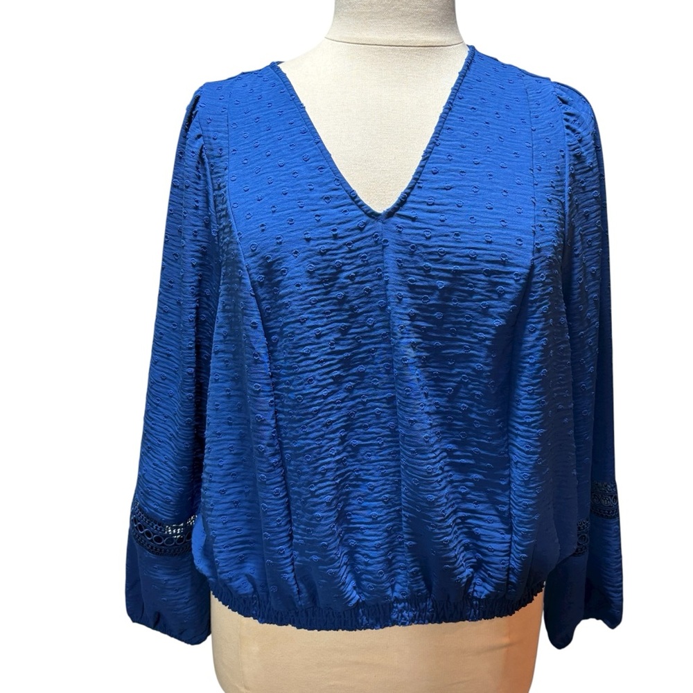 Royal Blue Swiss Dot V-Neck Blouse Balloon Sleeve Crochet Lace Smocked Hem #381